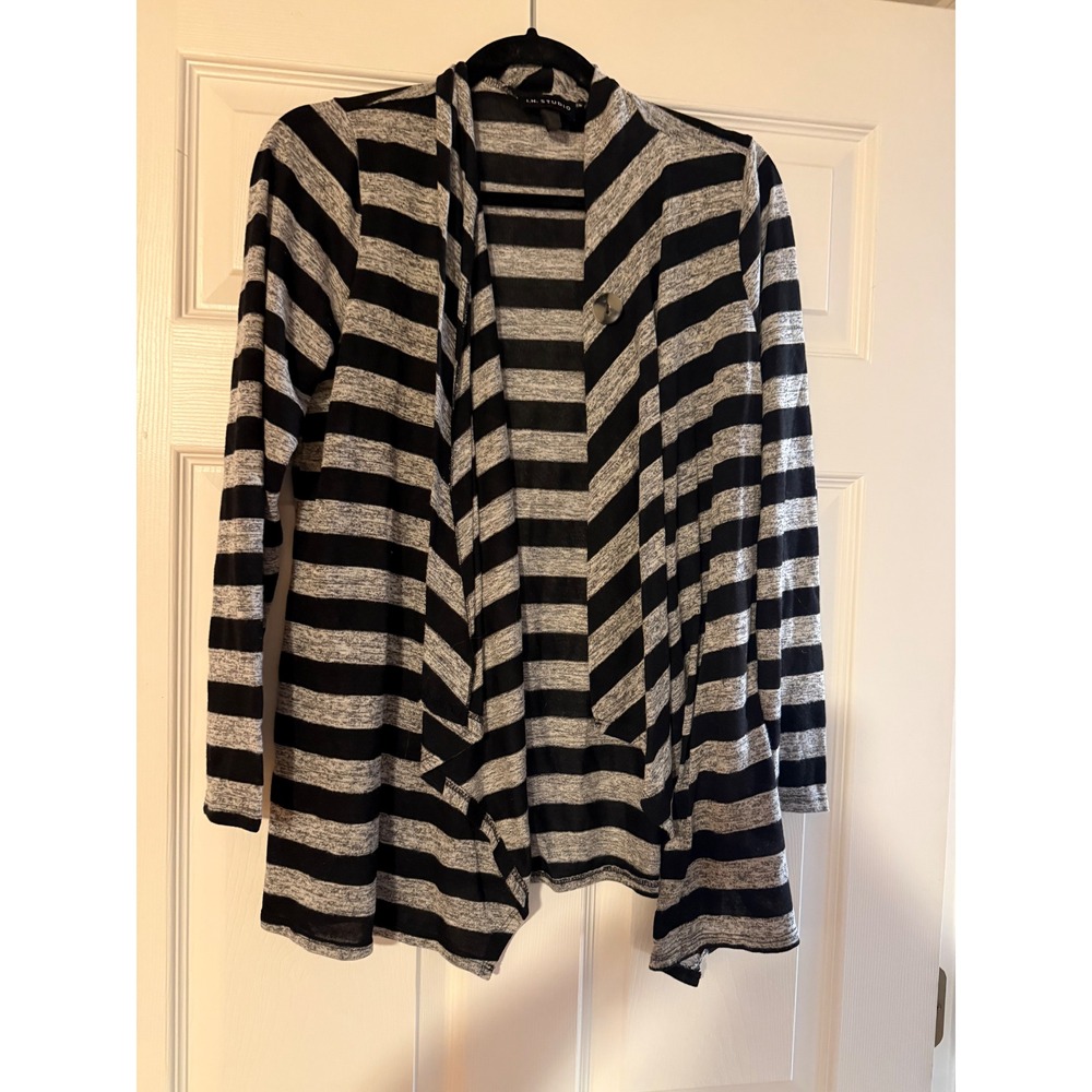 I.N. Studio Womens Striped Open Front Cardigan Black Grey Large Waterfall Knit
